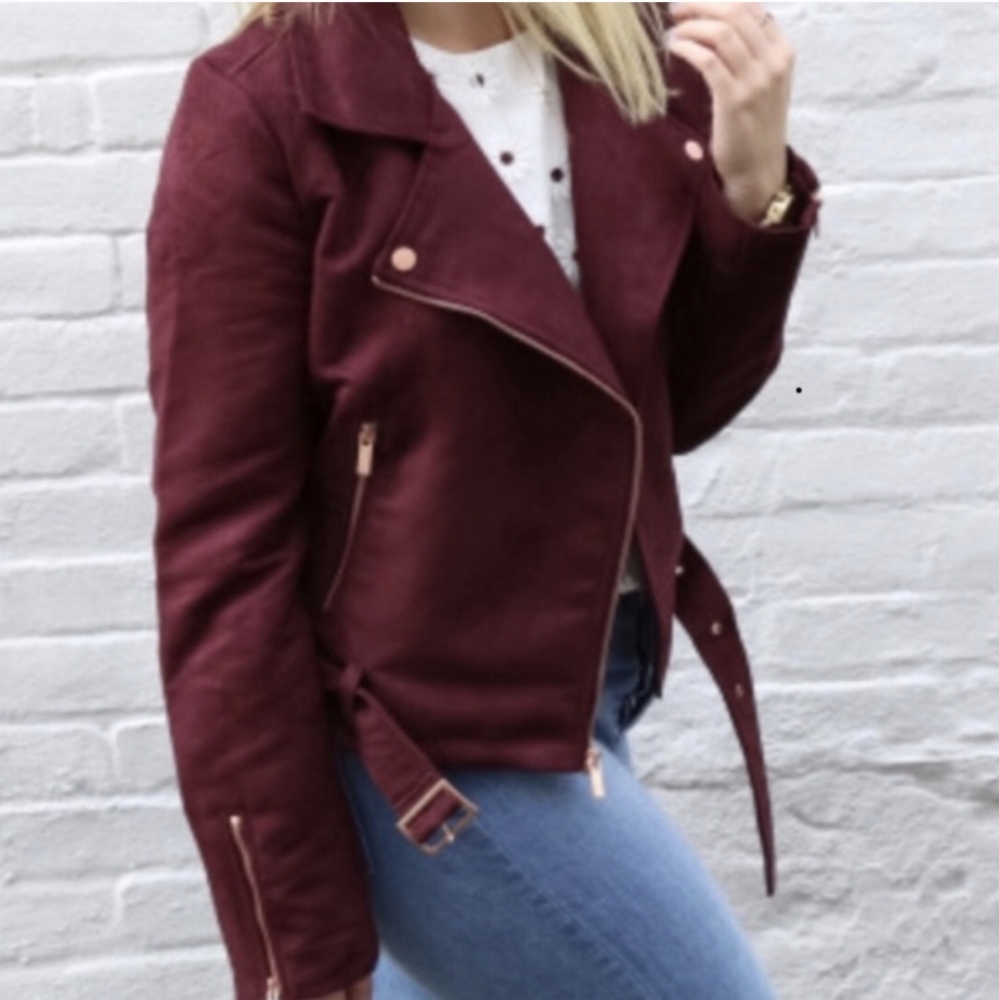 Lauren Conrad Moto Jacket Faux Suede Rose Gold Hardware Runway Burgundy size 12